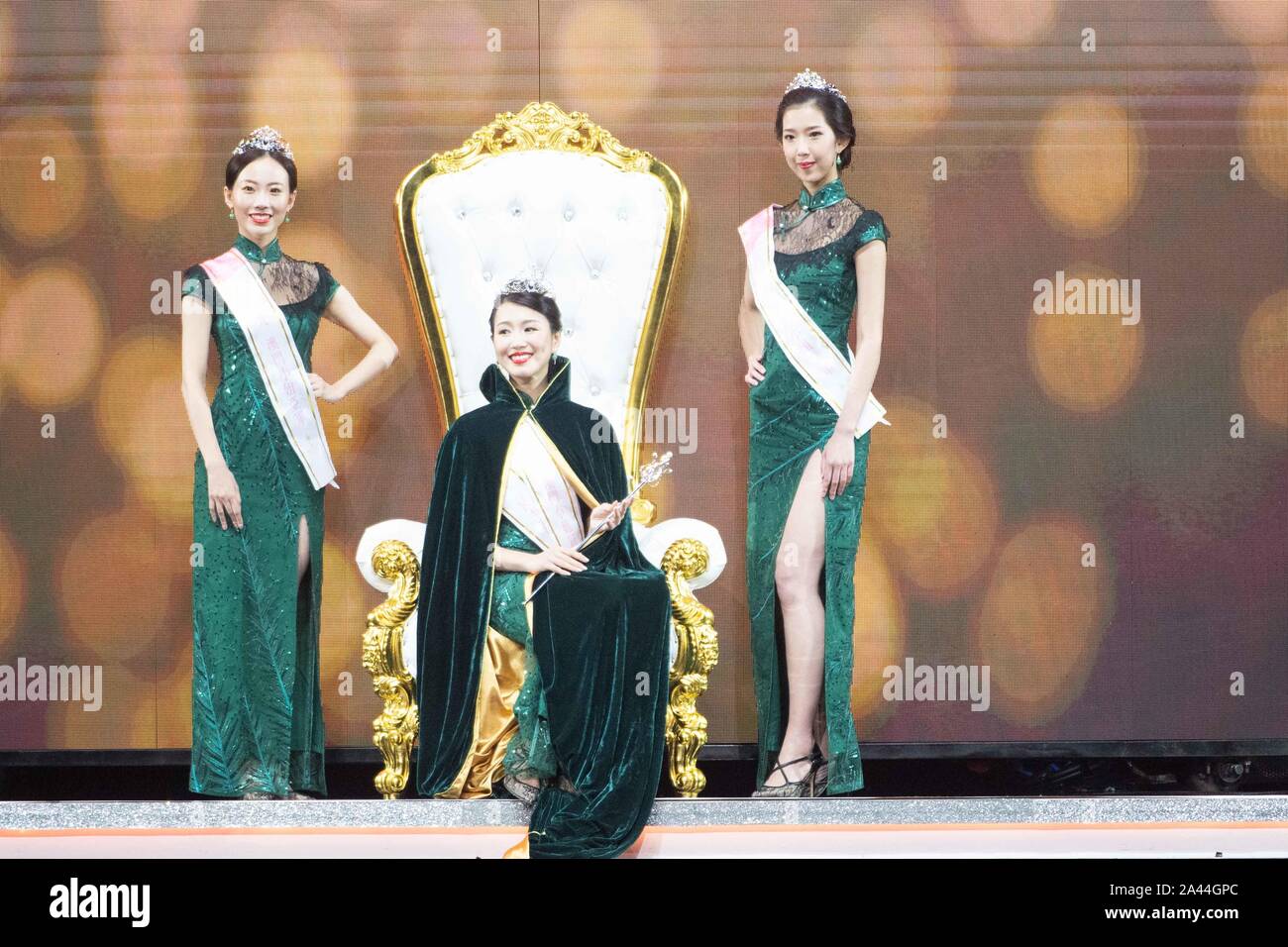 Contestants pose during the 2019 Miss Macau Pageant contest in Macau
