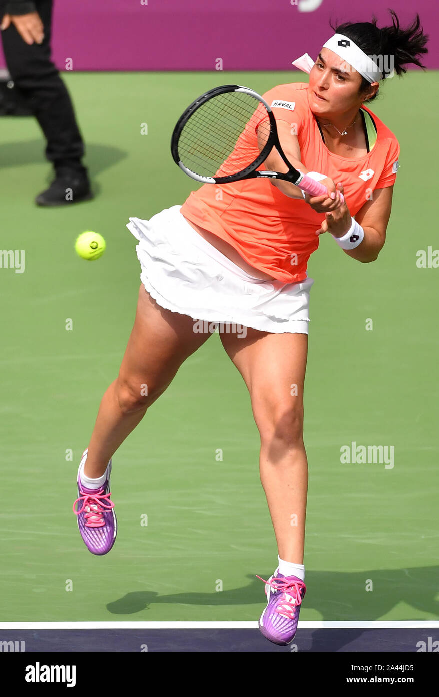 Tianjin, China. 12th Oct, 2019. Ons Jabeur of Tunisia hits a return during  the women's singles semifinal match between Ons Jabeur of Tunisia and  Rebecca Peterson of Sweden at the WTA Tianjin