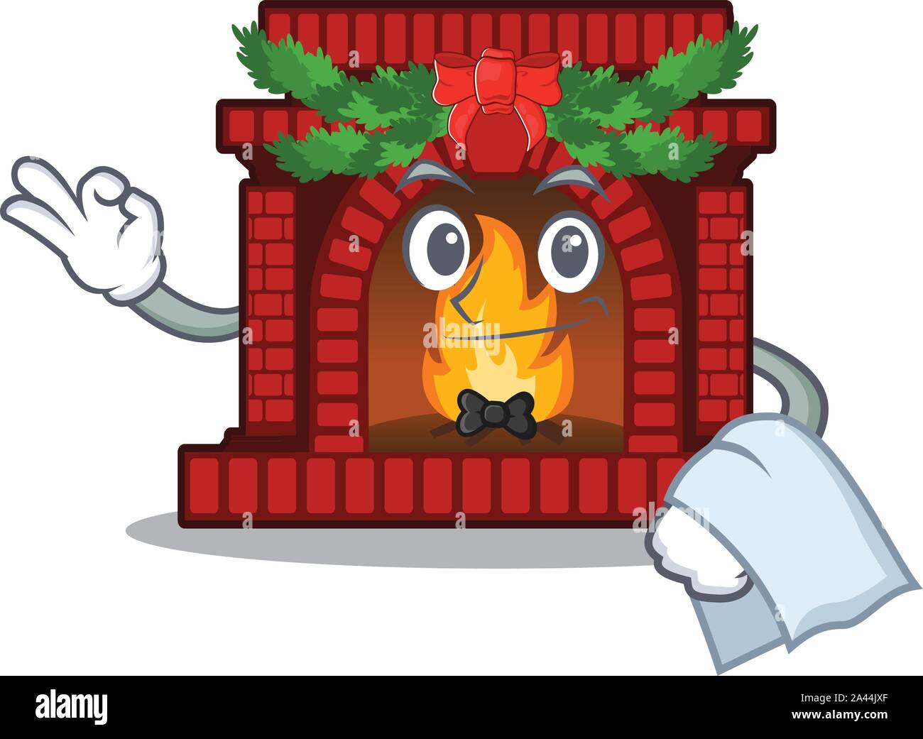 Waiter christmas fireplace on of cartoon table Stock Vector
