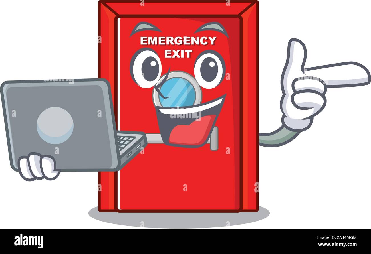 With laptop emergency exit door with the character Stock Vector