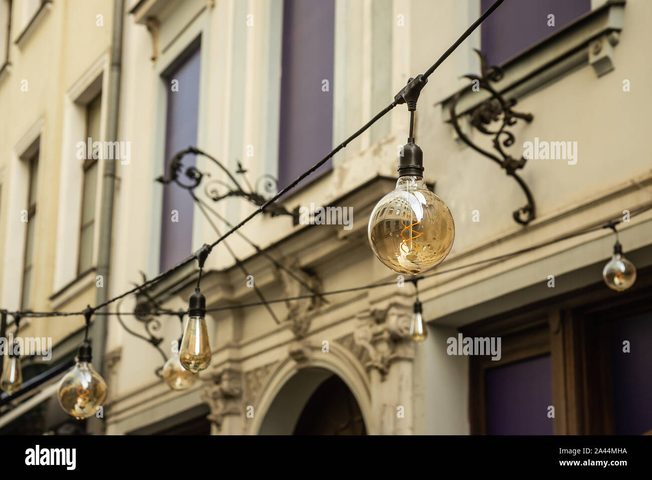 Old bulb decoration, street cafe decoration, Riga, Latvia Stock Photo