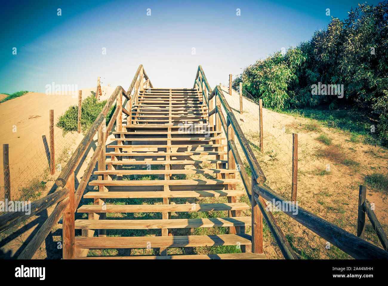 view of wooden stairs with railings heading towards the blue sky Stock Photo
