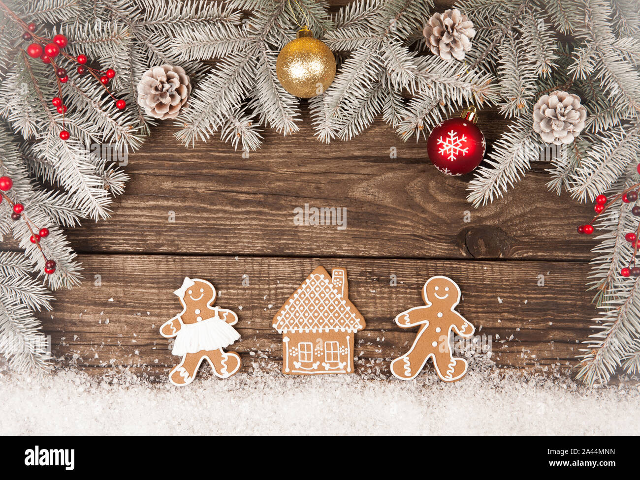 Christmas grunge wooden background with snow fir tree. Top view with ...