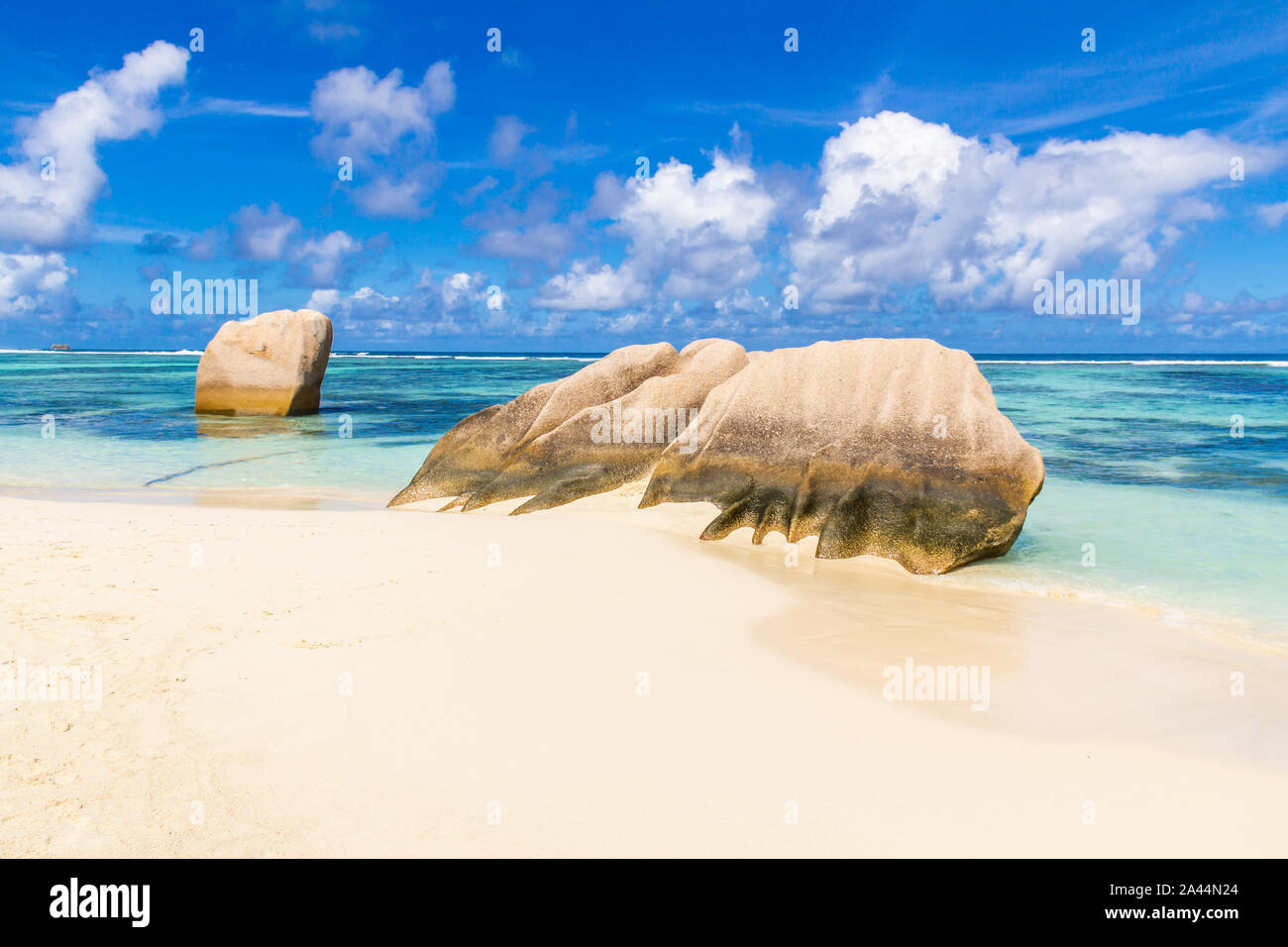 The most beautiful beach of Seychelles, Anse Source d'Argent, granite rocks at beautiful beach on tropical island La Digue in Seychelles Stock Photo