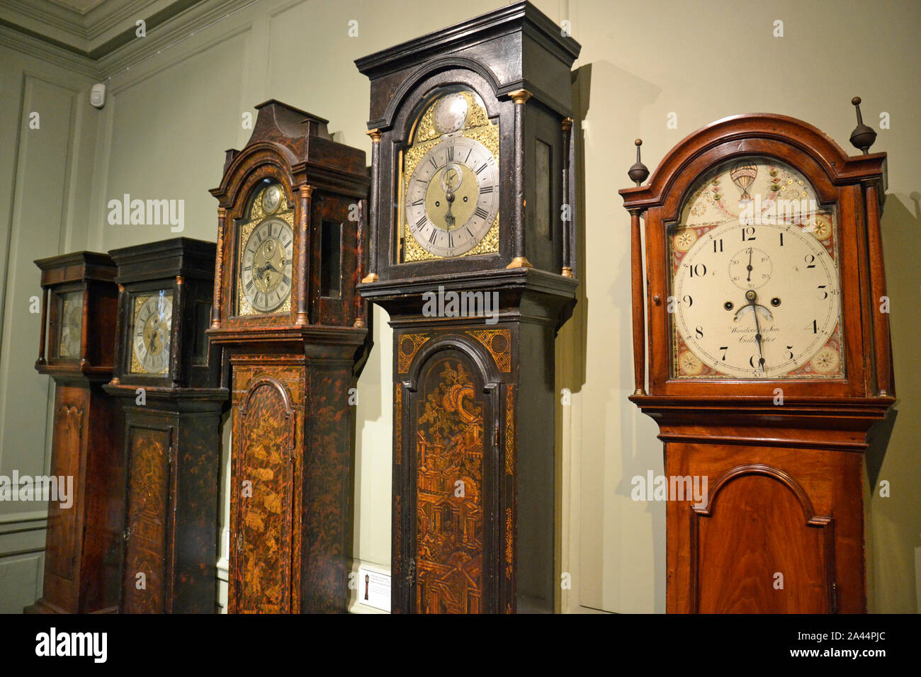 Display of grandfather clocks Hollytrees Museum, Castle Park, Colchester, Essex, UK Stock Photo