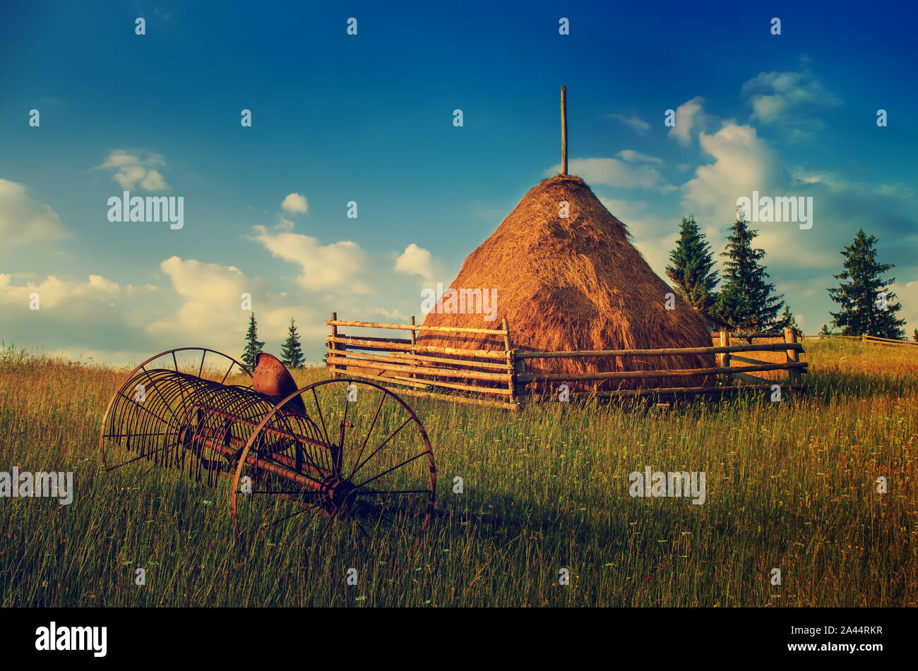 Carpathian mountains summer landscape with blue sky, clouds, haystack ...