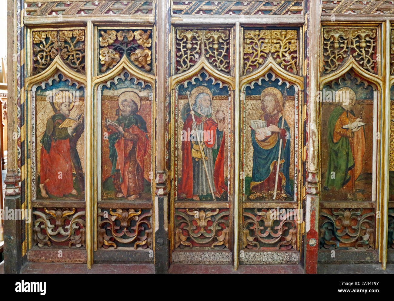 A view of the south side chancel screen in the parish Church of St Mary at Worstead, Norfolk, England, United Kingdom, Europe. Stock Photo
