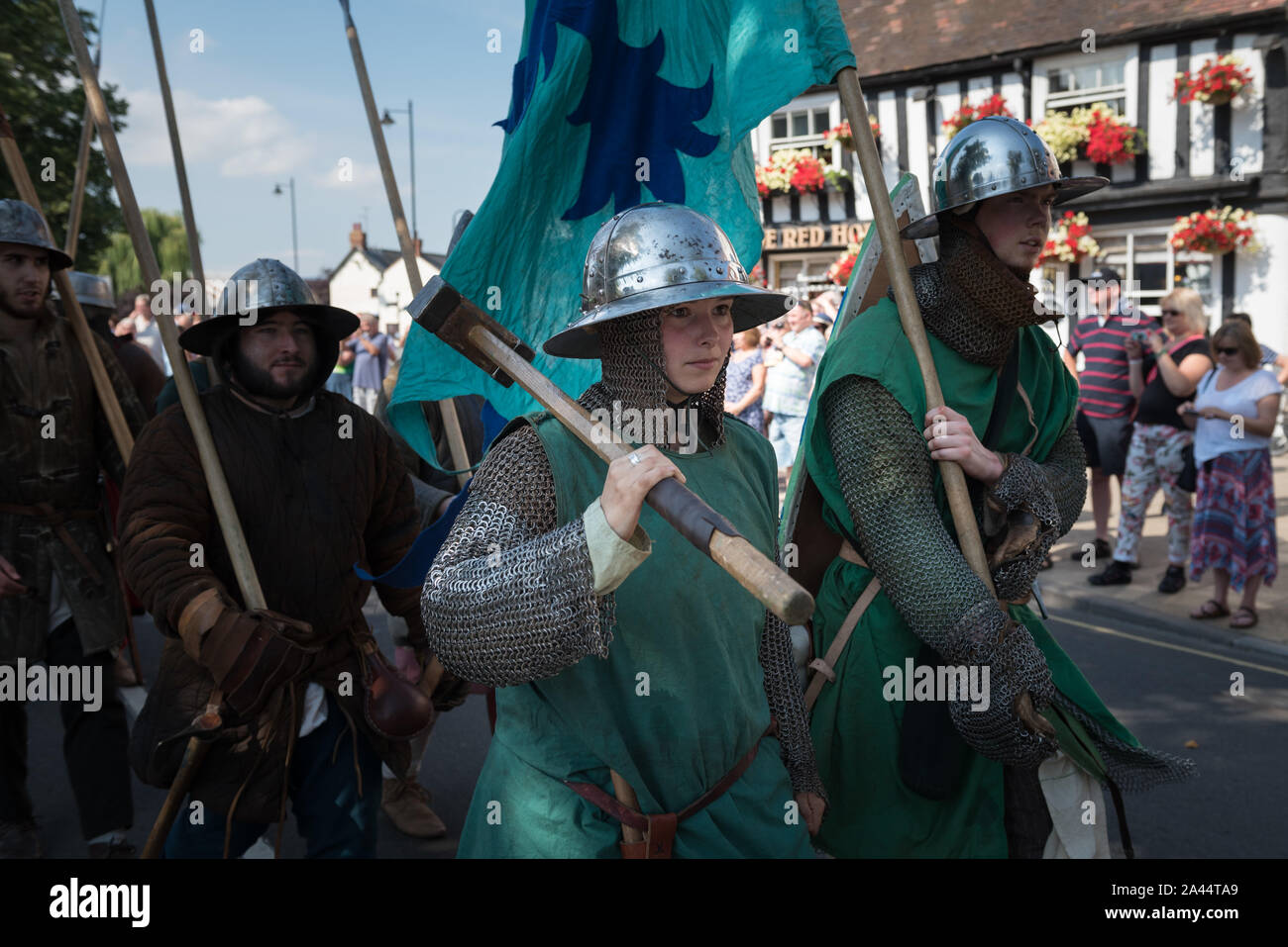 Evesham, Worcestershire, UK. 8th August, 2015. Pictured: Reenactors take part in the Grand Parade through the streets of Evesham.  / Thousands of visi Stock Photo