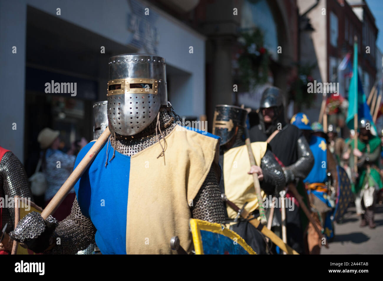 Evesham, Worcestershire, UK. 8th August, 2015. Pictured: Reenactors take part in the Grand Parade through the streets of Evesham.  / Thousands of visi Stock Photo