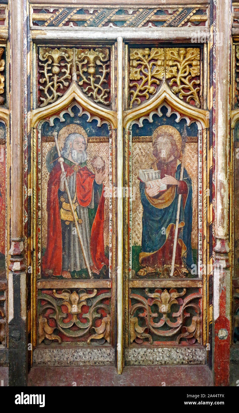 Panel detail from the south side chancel screen in the parish Church of St Mary at Worstead, Norfolk, England, United Kingdom, Europe. Stock Photo