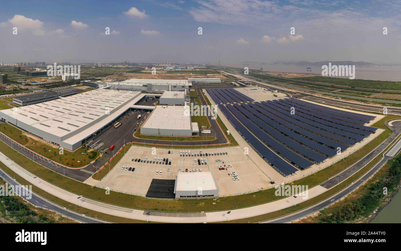 An aerial view of the large carport which is equipped with solar power system designed to provide 4300 kWh daily and over 8 million kWh annually in a Stock Photo