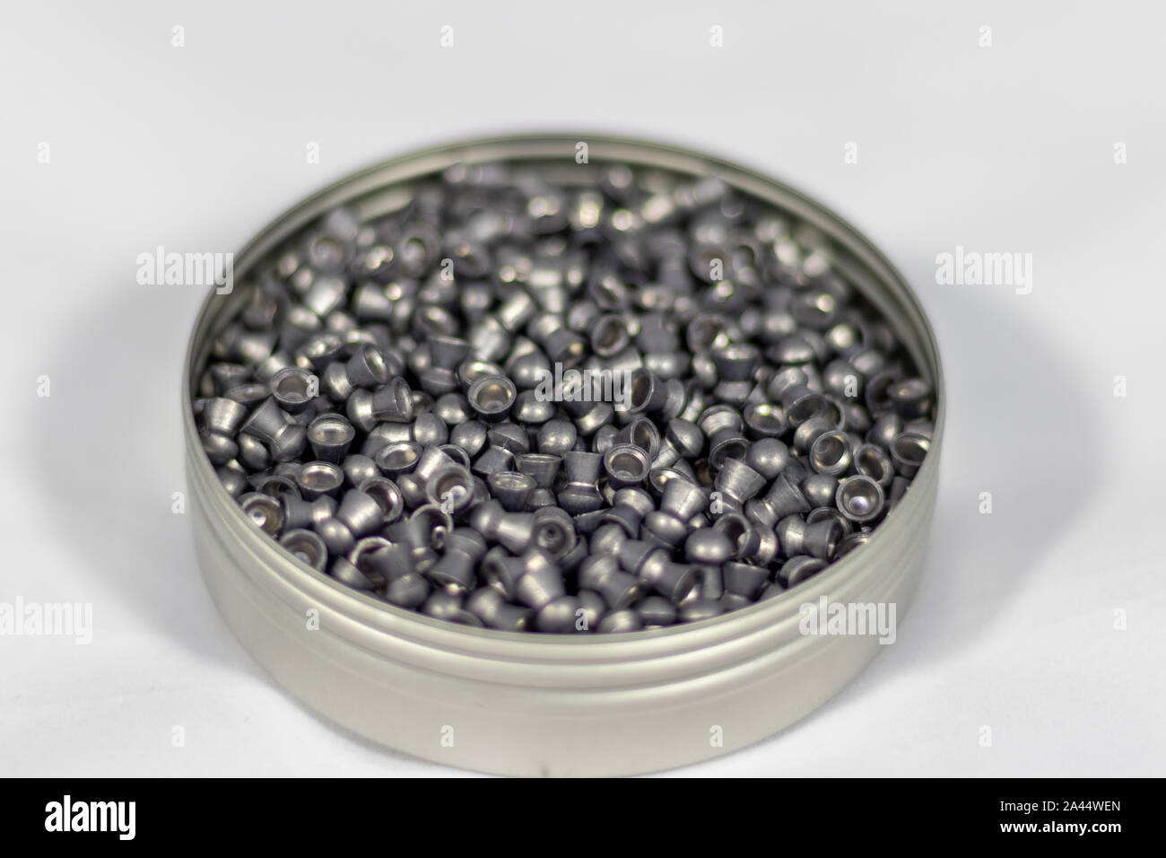 Lead airgun pellets in tin can Stock Photo Alamy