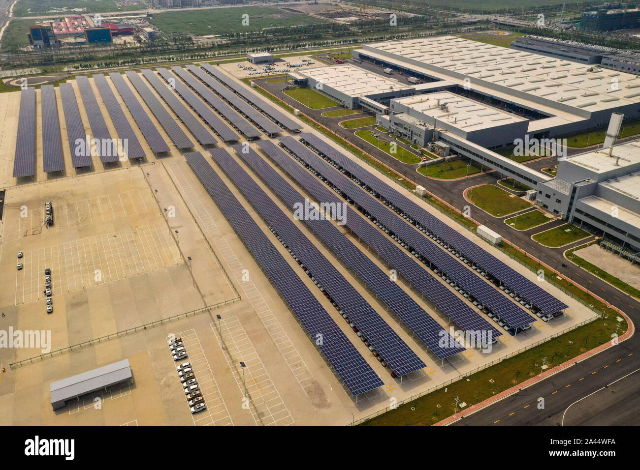 An aerial view of the large carport which is equipped with solar power system designed to provide 4300 kWh daily and over 8 million kWh annually in a Stock Photo