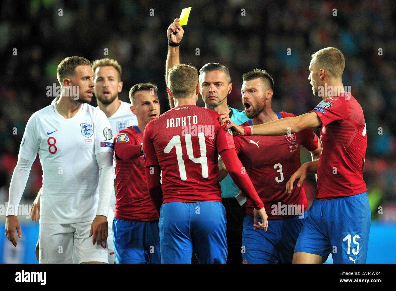 Prague Czech Republic 12th Oct 2019 Referee Damir Skomina Shows A Yellow Card To Czech Republic S Jakub Jankto 14 Of Czech Republic During The Uefa Euro 2020 Qualifier Soccer Match Between Czech