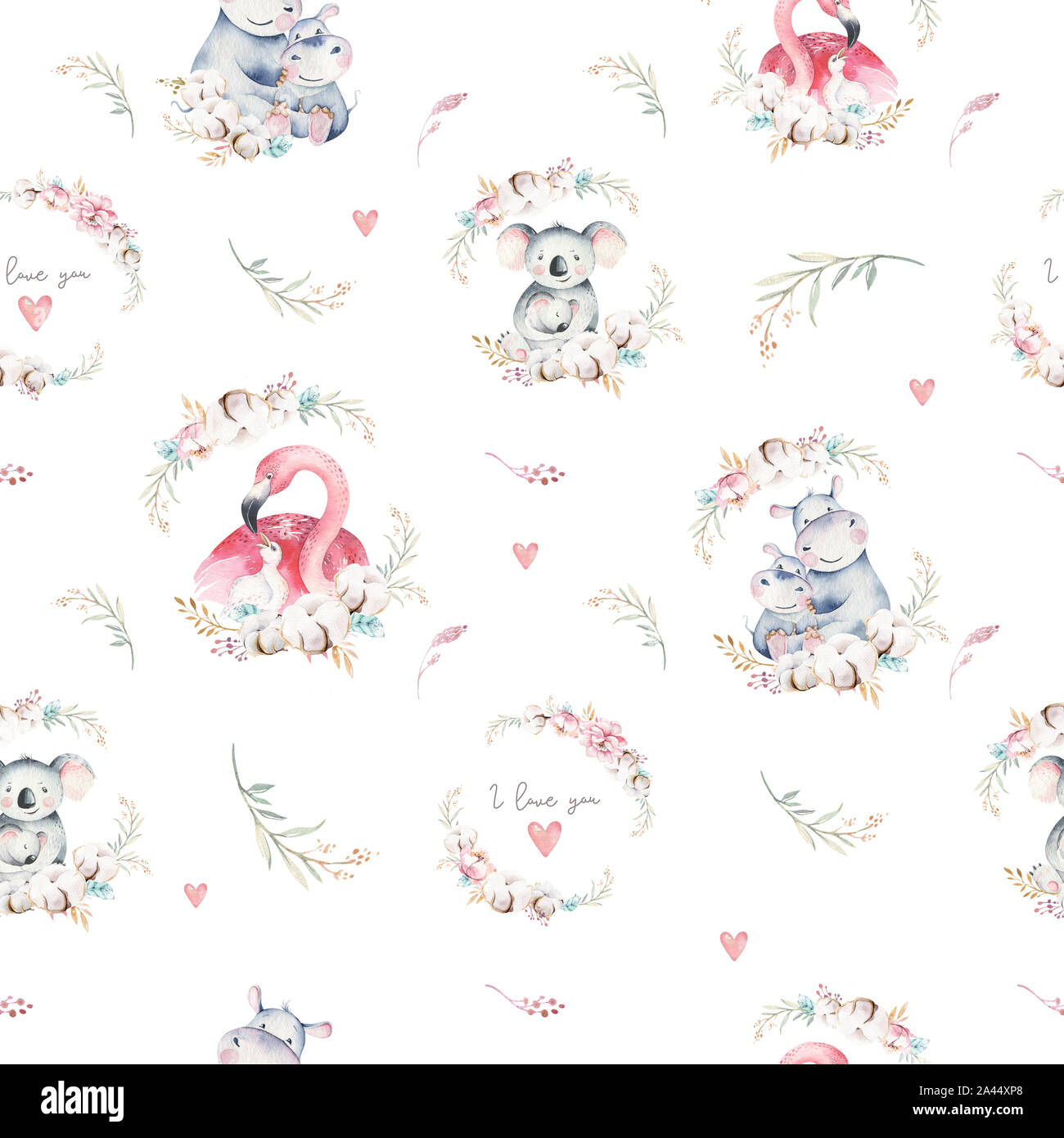 Watercolor cute cartoon little baby and mom koala, hippo, flamingo with floral wreath seamless pattern. tropical fabric background. Mother and baby de Stock Photo