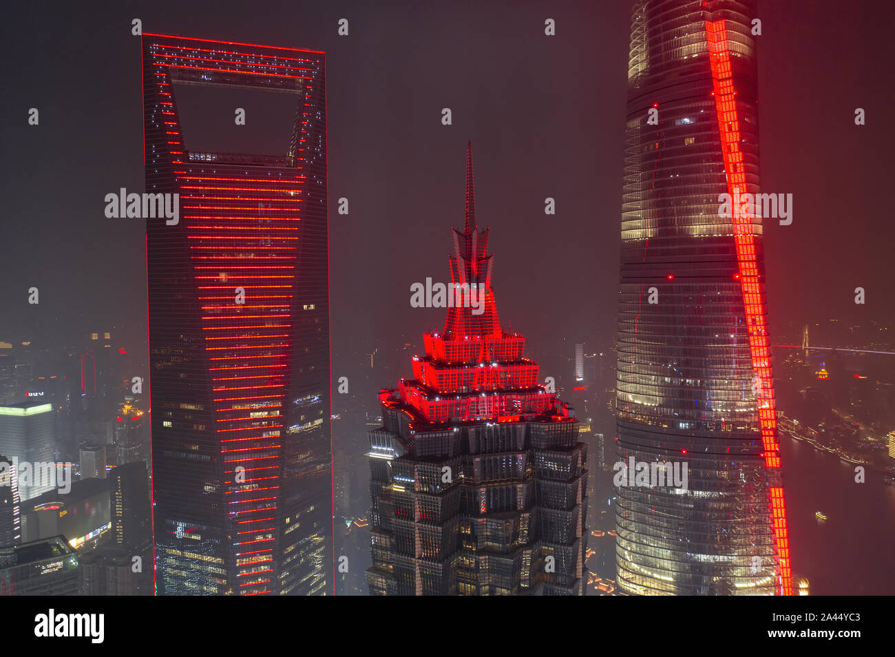 Cityscape of the Lujiazui Financial District with the Shanghai World Financial Center, second tallest, the Shanghai Tower, tallest, and the Oriental P Stock Photo