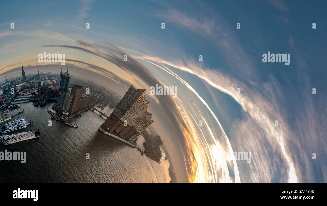 Little Planet from the Port of Hamburg with Elbphilharmonie Stock Photo
