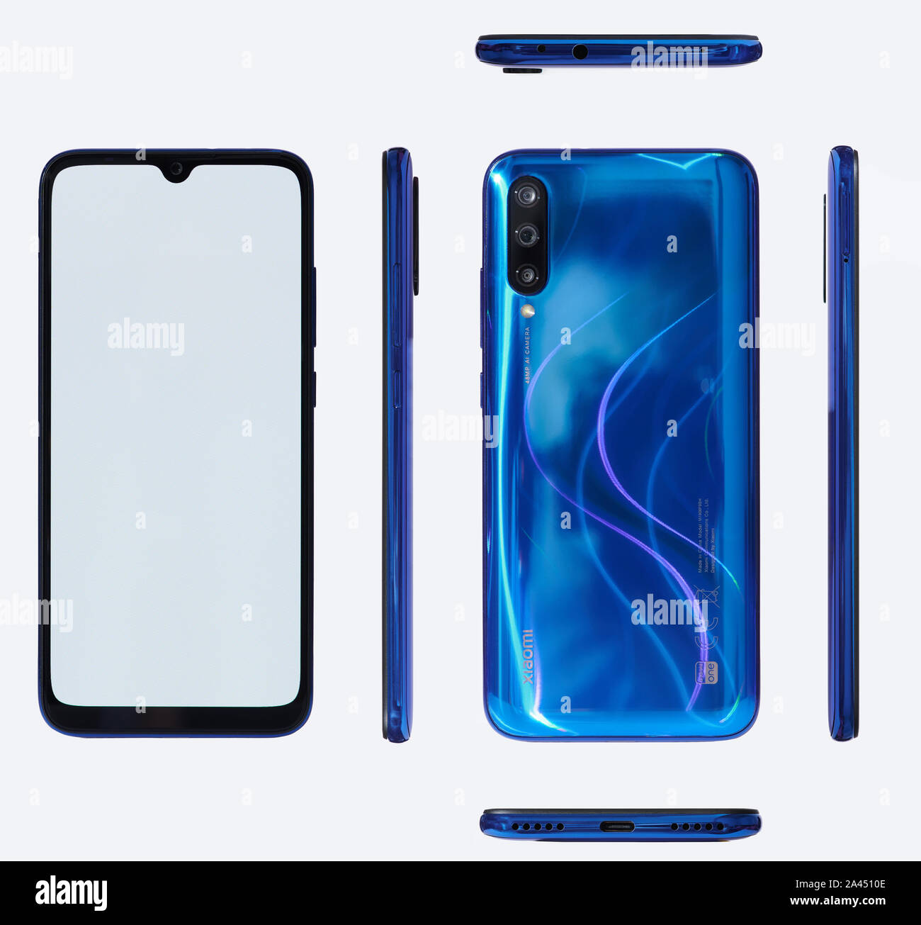 New york, USA - september 28, 2019: Different views of Xiaomi a3 smartphone isolated on white background Stock Photo