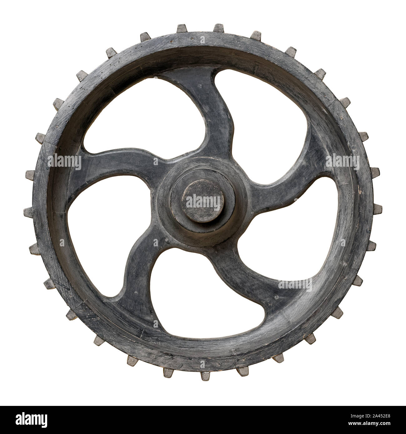 Isolated objects: Old decorative wooden cogwheel, on white background Stock Photo