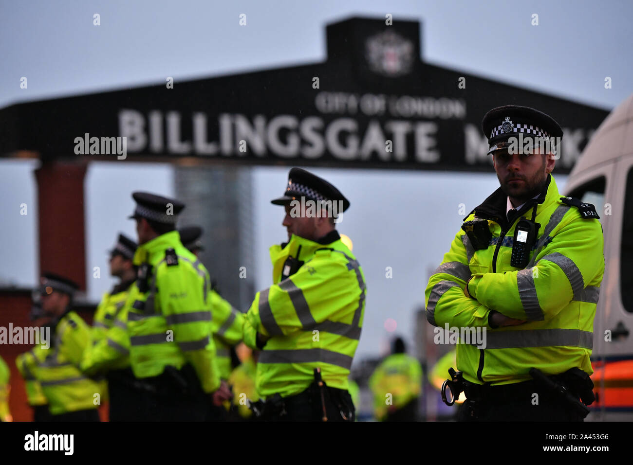 Police during a Animal Rebellion protest at Billingsgate Fish Market in Poplar, London. Stock Photo