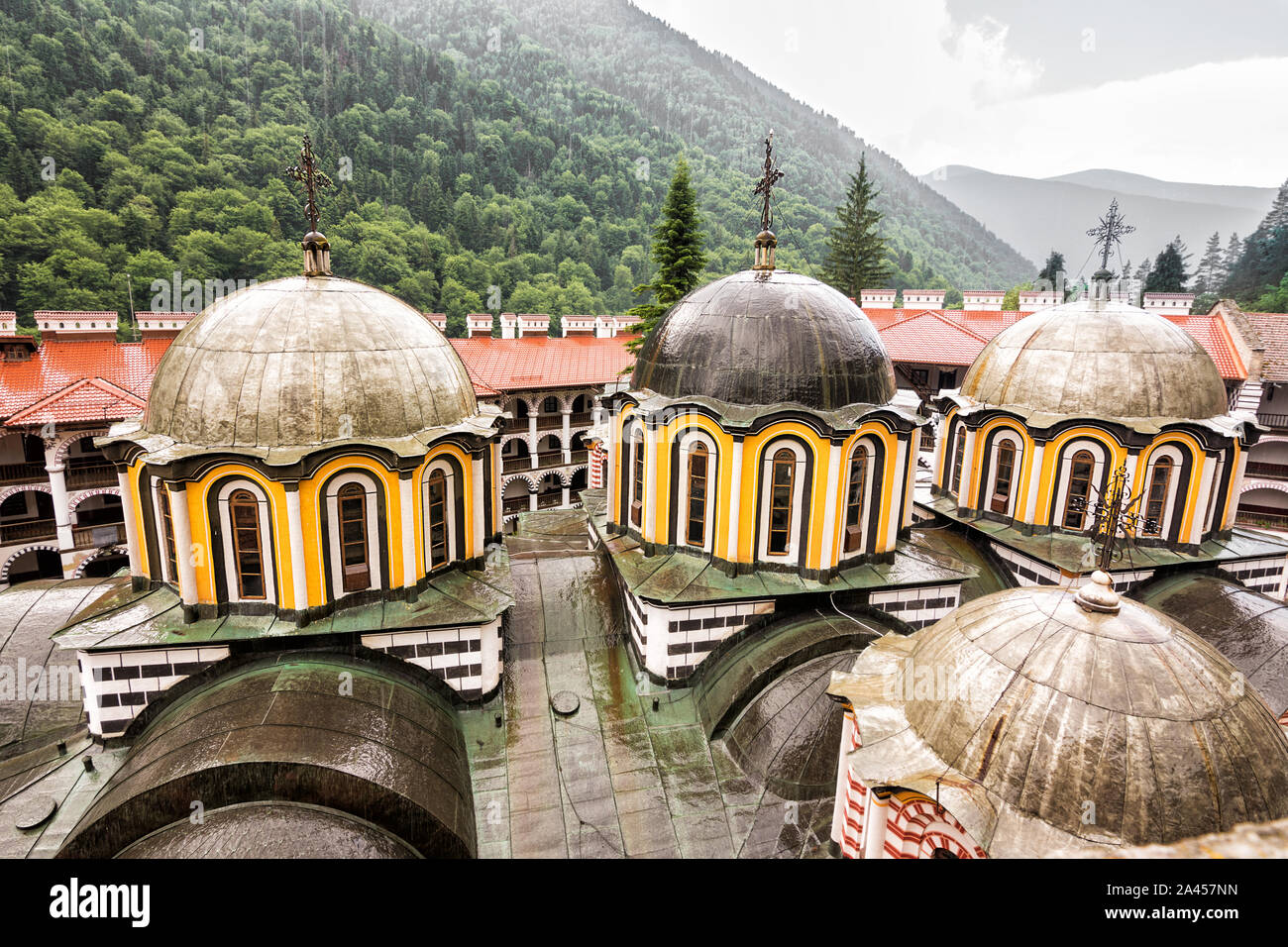 Domes of the Rila Monastery seen from above, Bulgaria Stock Photo