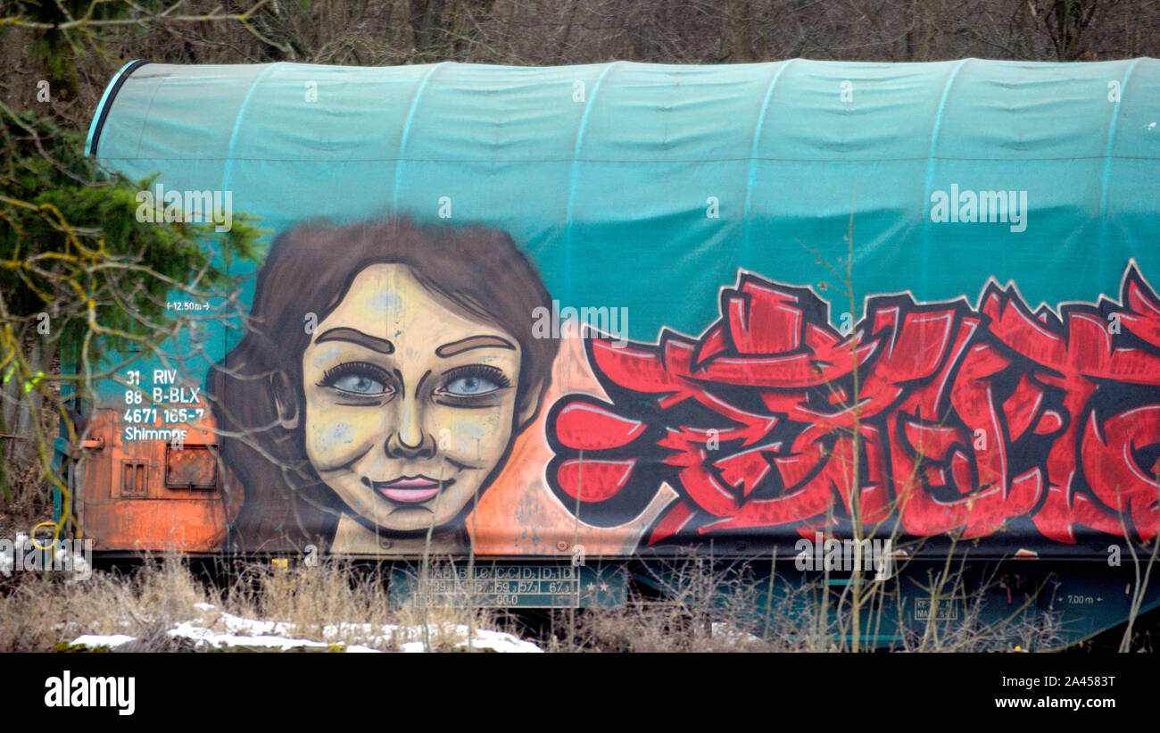 Illegal artwork by rail (Germany). Illegale Kunstwerke auf der Schiene (Deutschland). Stock Photo