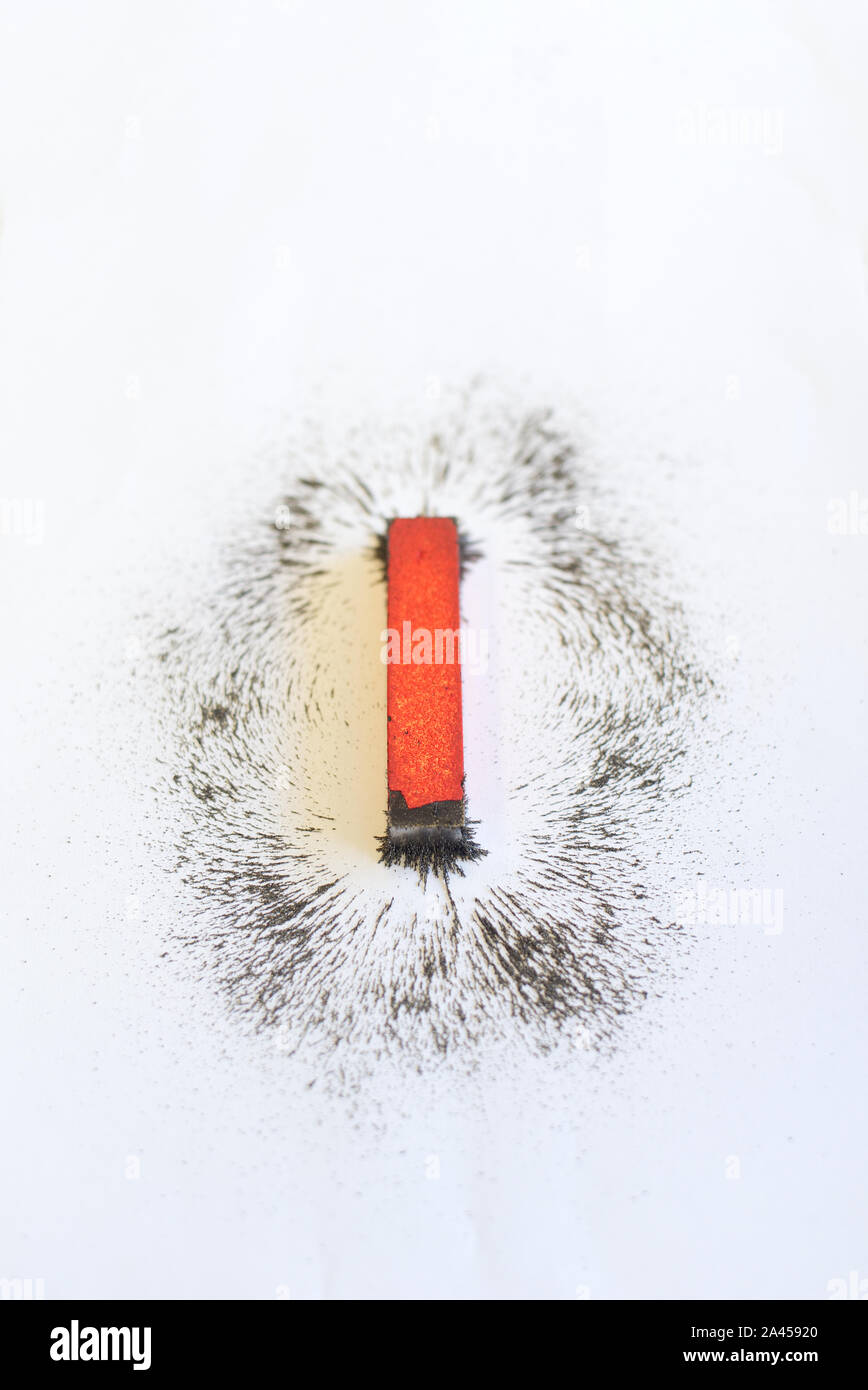 Magnet with magnetic field pattern shown with sprinkled iron filings. Science scientific concept. Shallow depth of field Stock Photo