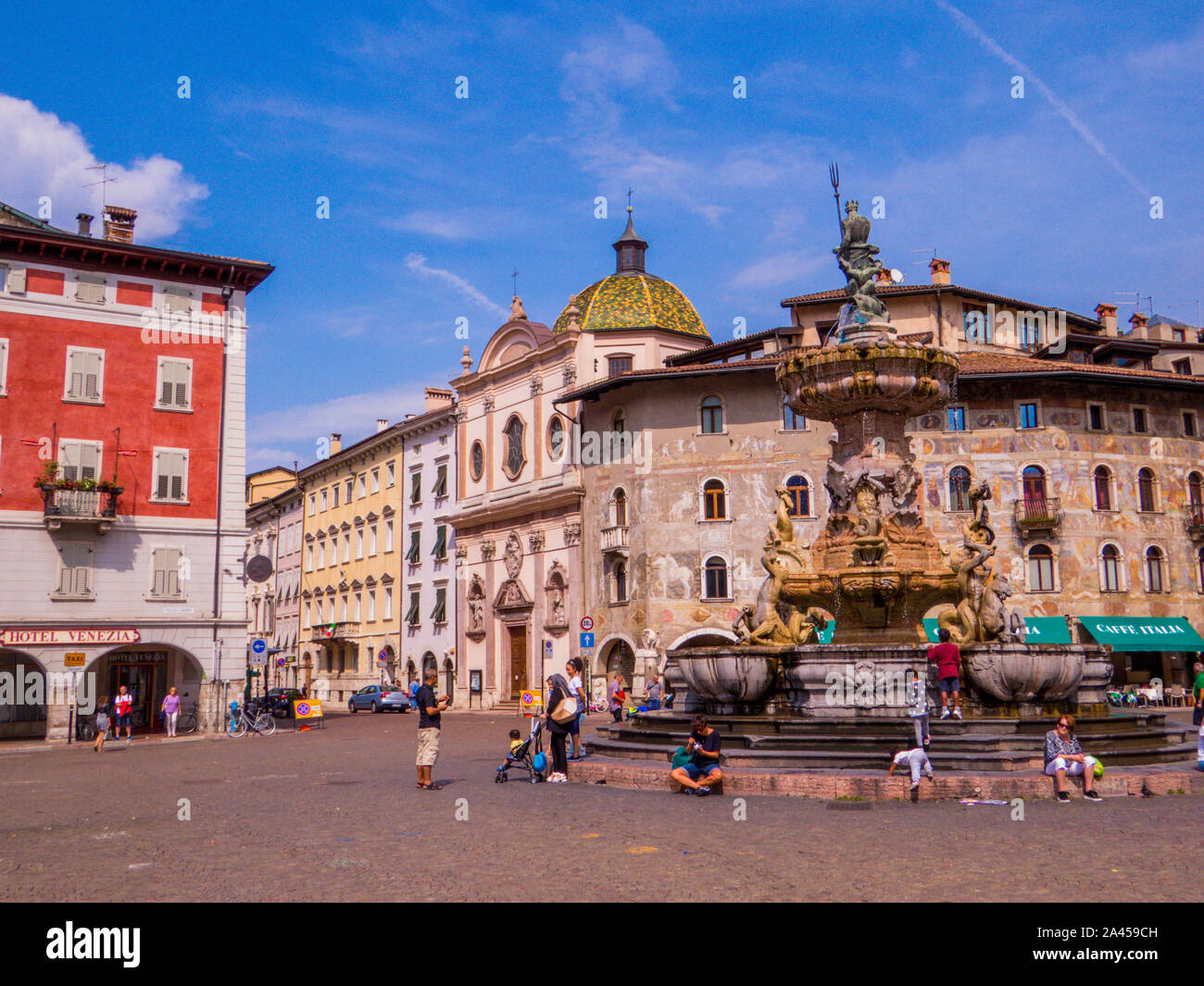 View of the Piazza Duomo and the Fountain of Neptune in Trento, Italy Stock Photo