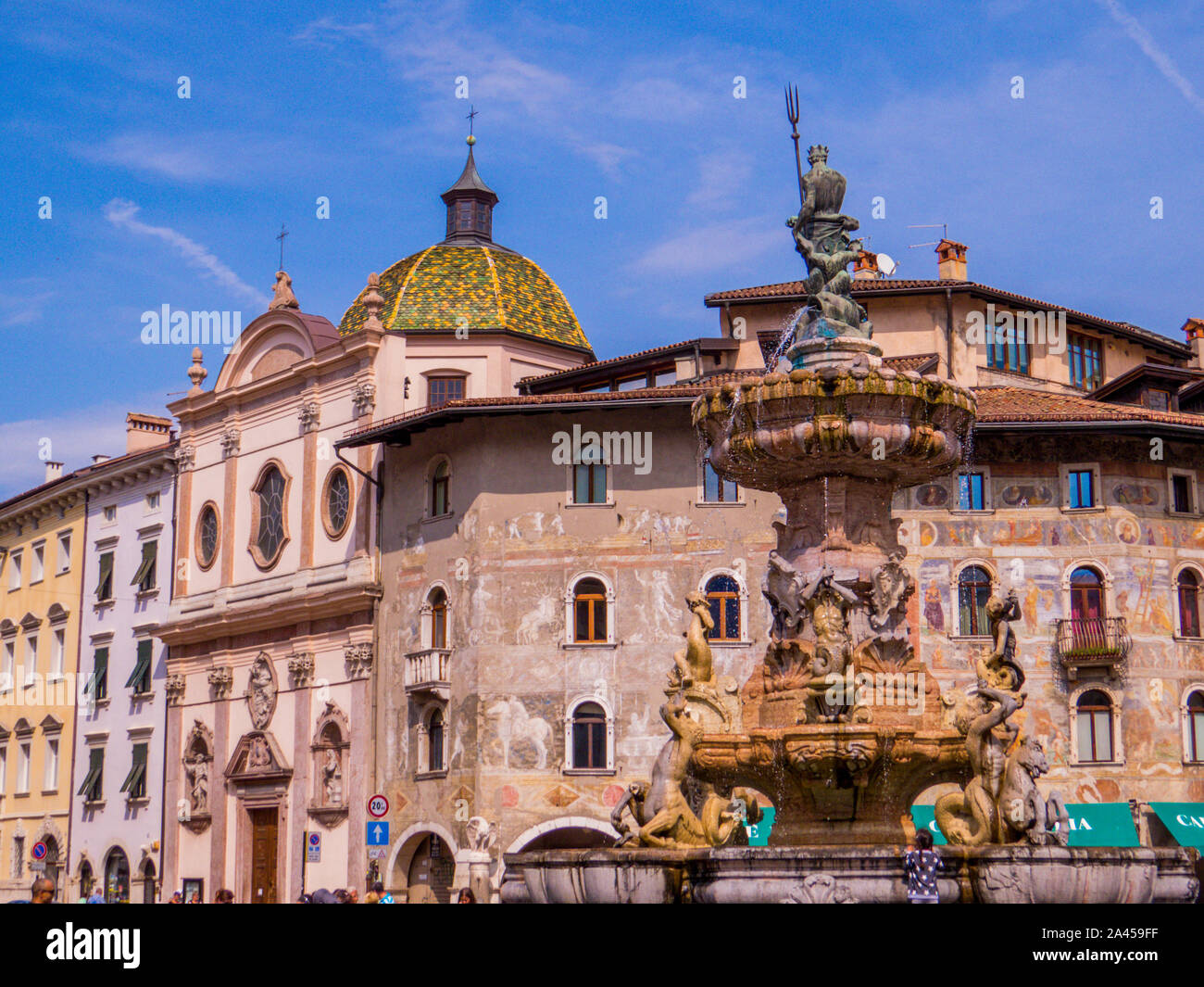 View of the Piazza Duomo and the Fountain of Neptune in Trento, Italy Stock Photo