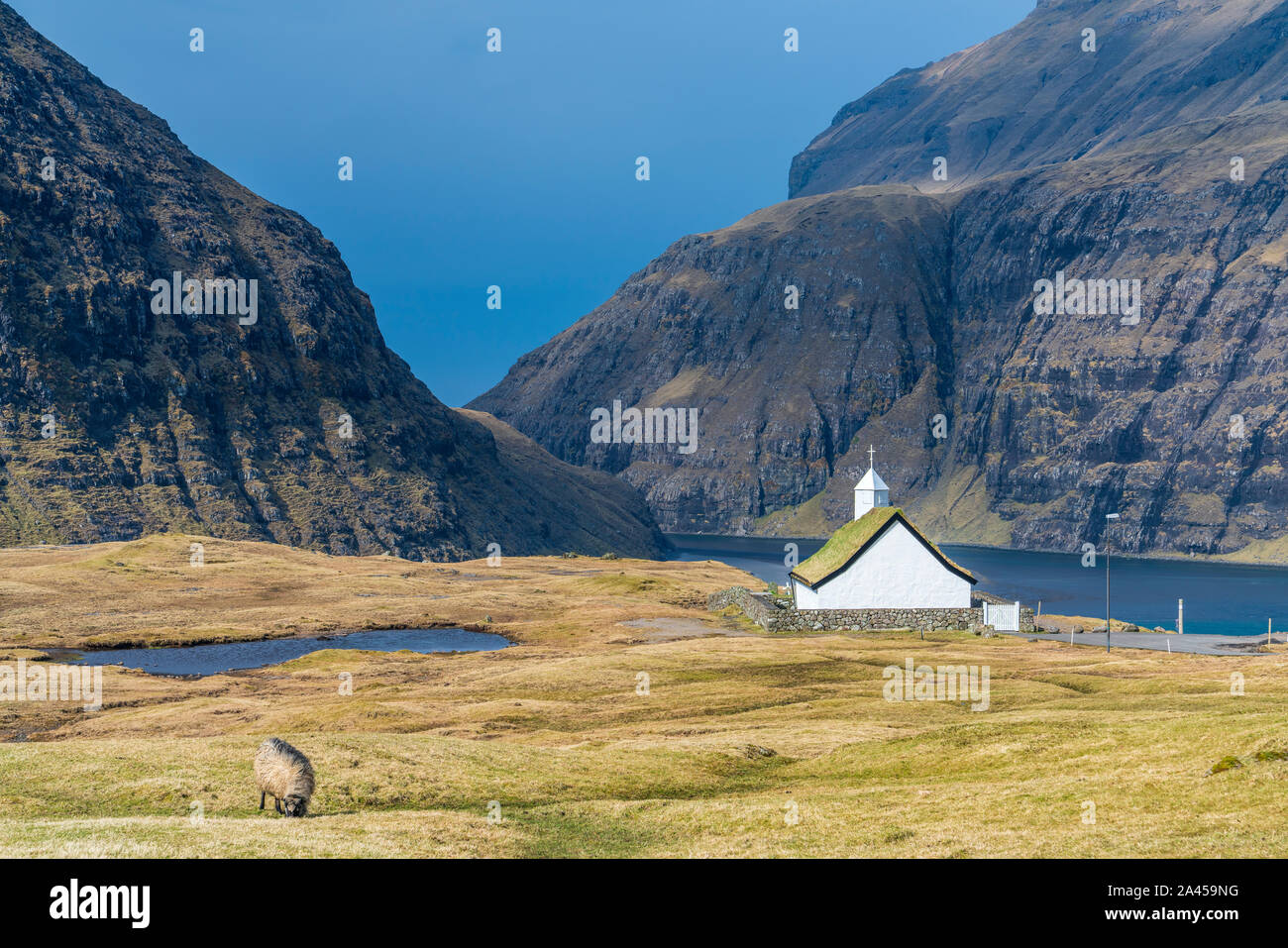 Church at Saksun, Streymoy, Faroe Islands, Denmark Stock Photo