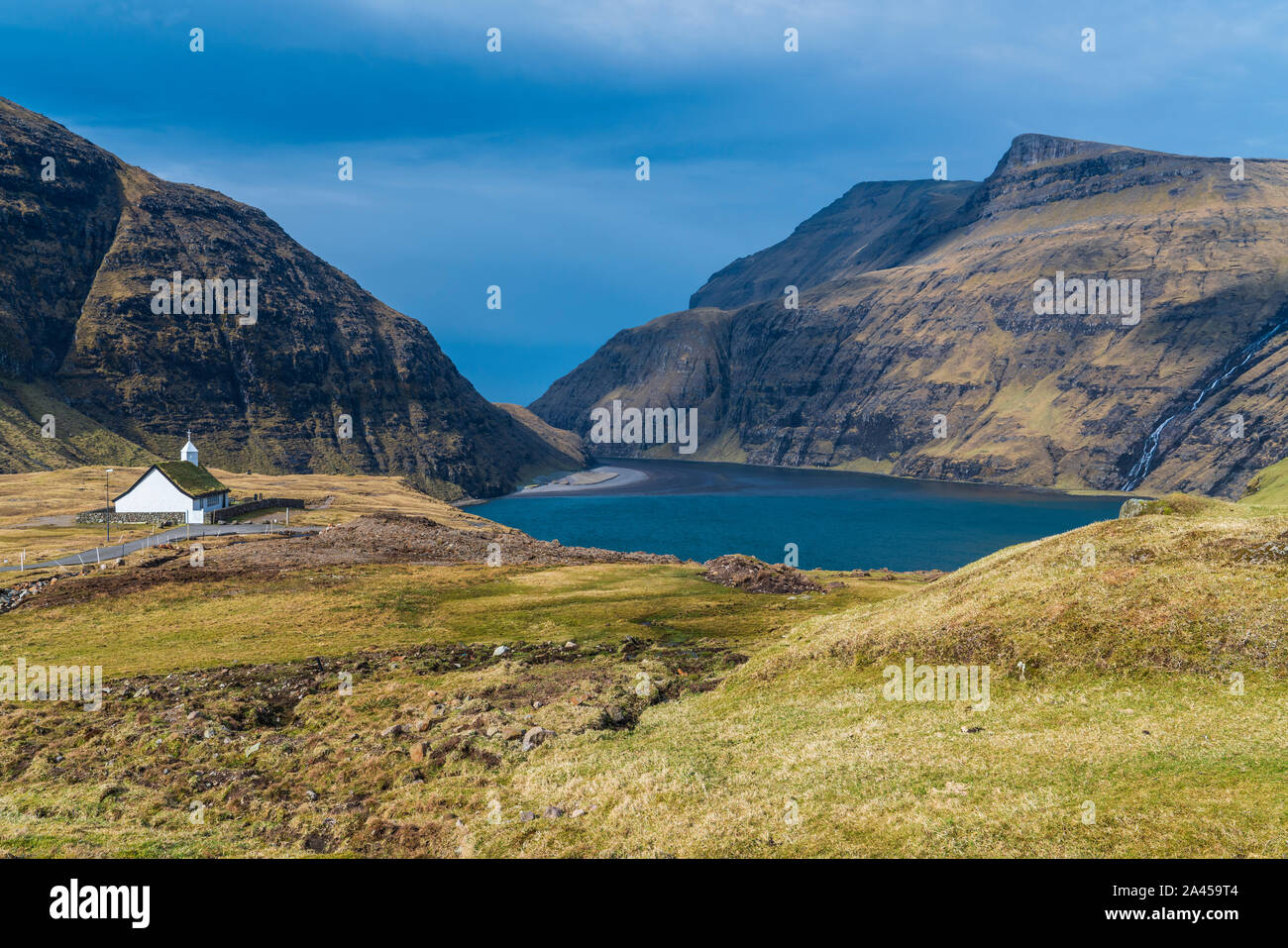 Church at Saksun, Streymoy, Faroe Islands, Denmark Stock Photo