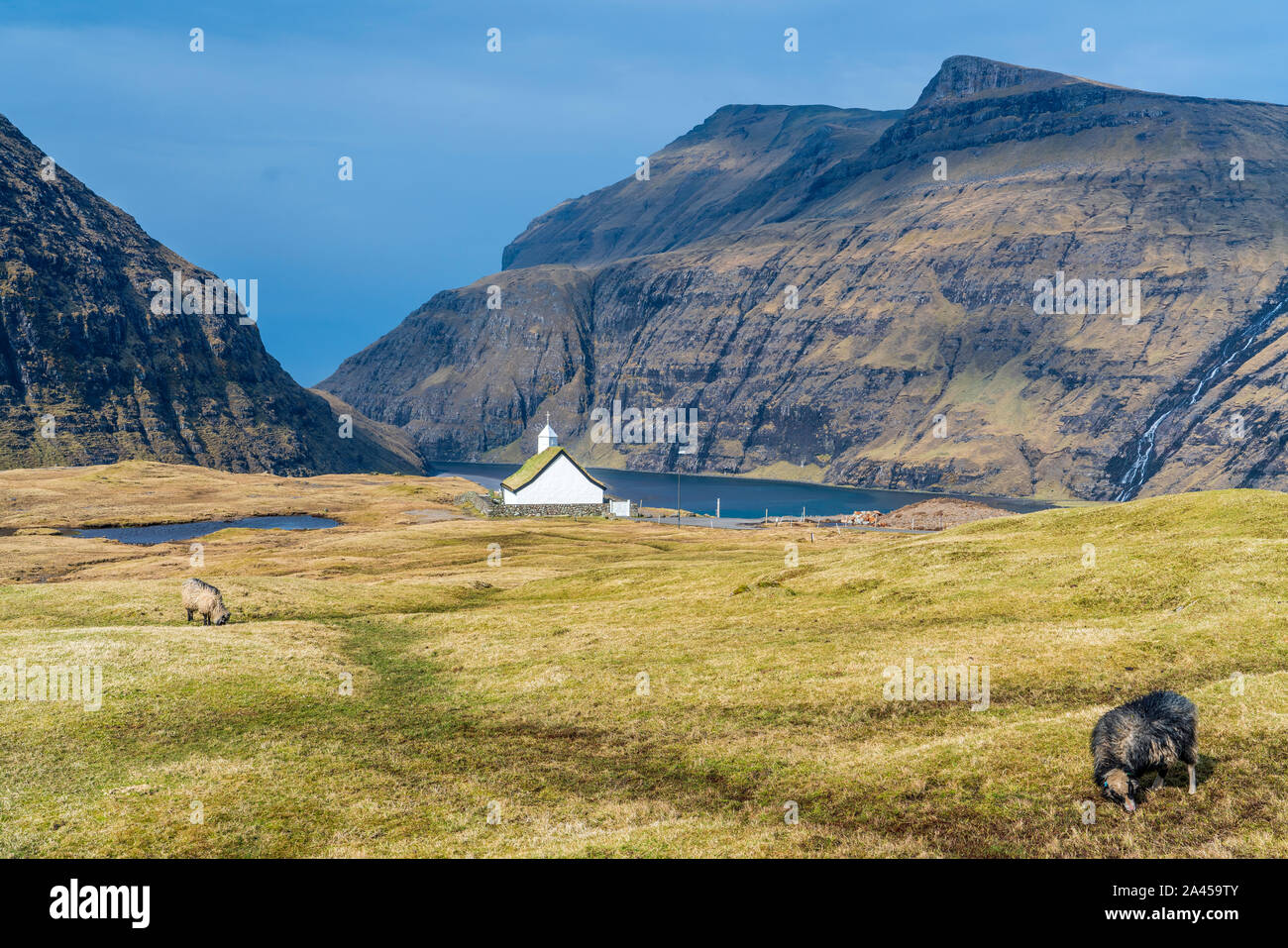 Church at Saksun, Streymoy, Faroe Islands, Denmark Stock Photo