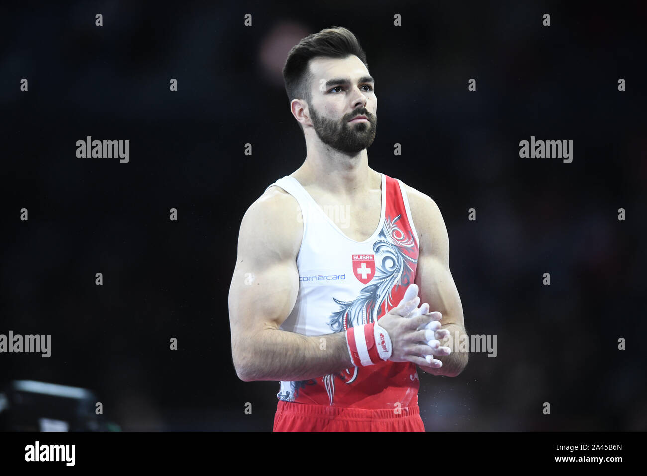 Stuttgart, Germany. 11th Oct, 2019. OLIVER HEGI from Switzerland waits to compete on the pommel horse during the competition held in the Hanns-Martin-Schleyer-Halle in Stuttgart, Germany. Credit: Amy Sanderson/ZUMA Wire/Alamy Live News Stock Photo