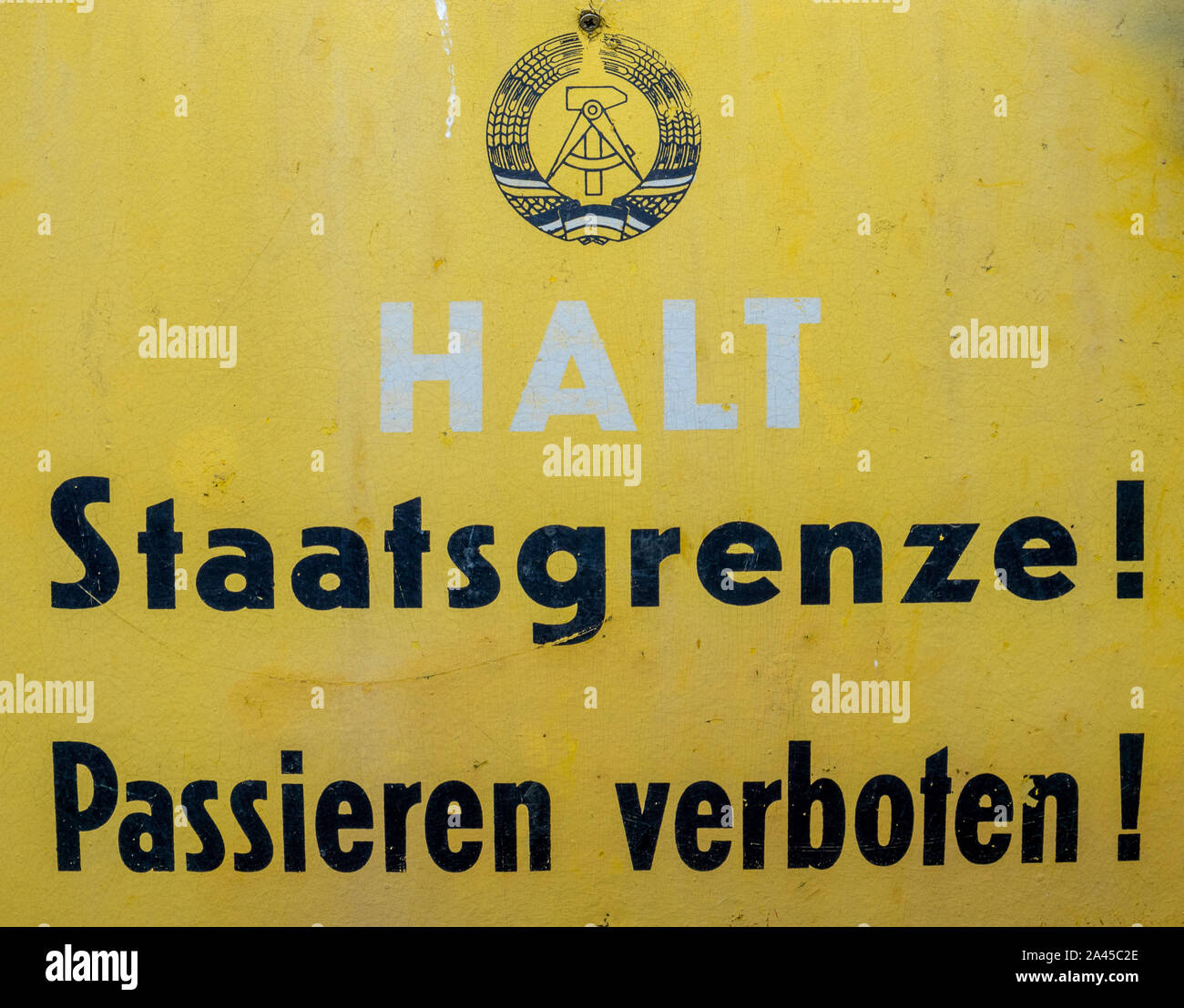 state border warning sign of the former GDR Stock Photo
