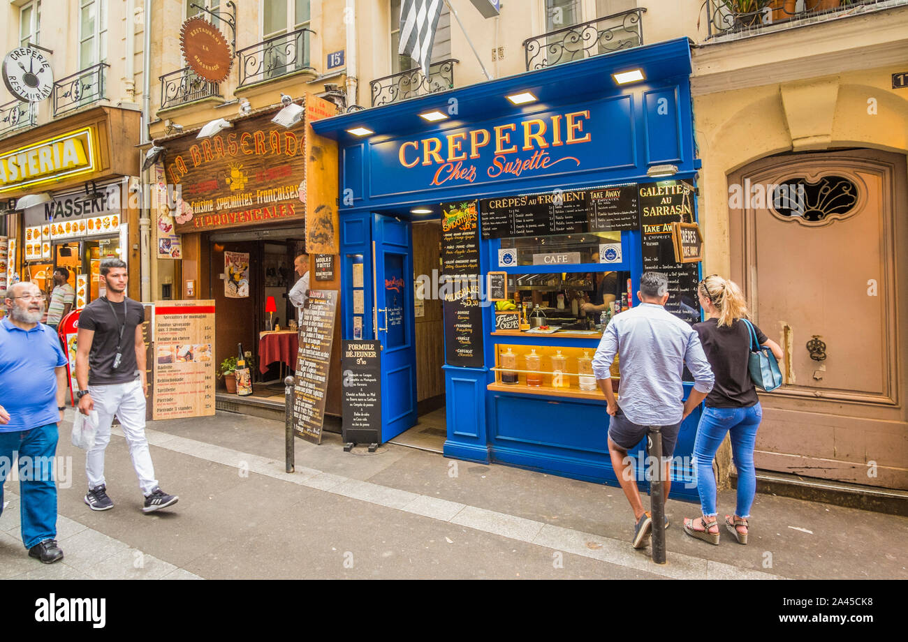 street scene in front of 'creperie chez suzette',rue de la huchette Stock Photo