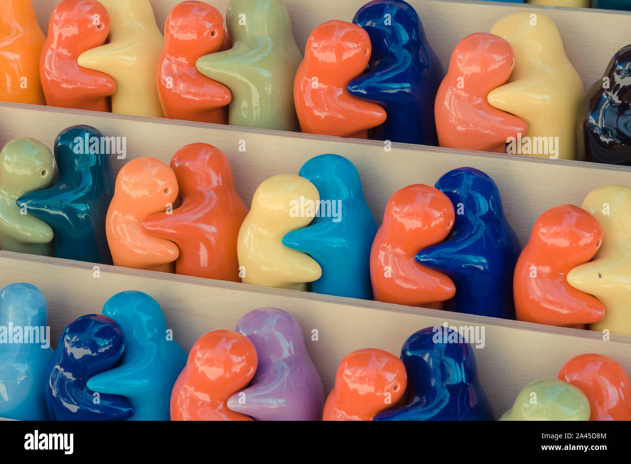 Salt and pepper tables set in a souvenir shop in majorca Stock Photo