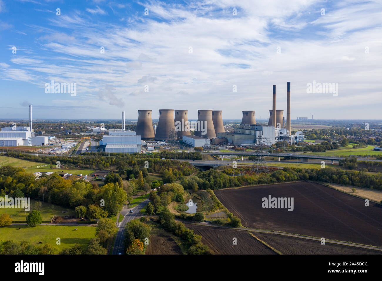Aerial photo of the Ferrybridge Power Station located in the Castleford area of Wakefield in the UK, showing the power station cooling towers. Stock Photo