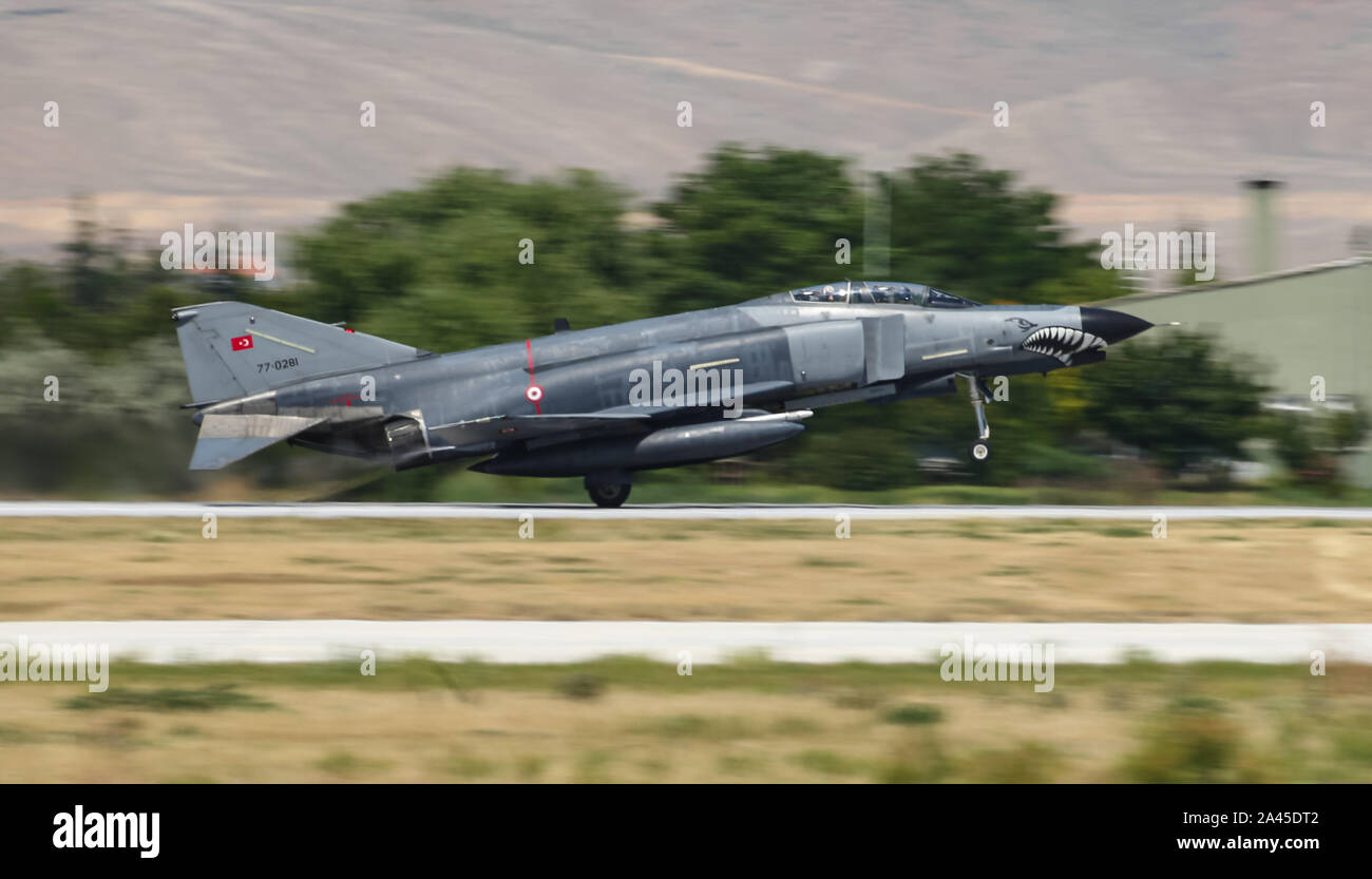 KONYA, TURKEY - JUNE 26, 2019: Turkish Air Force McDonnell Douglas F-4E Phantom II (CN 4989) takes off from Konya Airport during Anatolian Eagle Air F Stock Photo