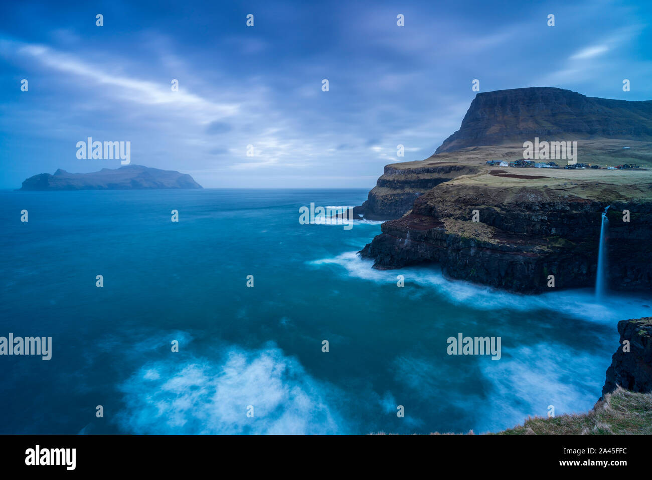 Gasadalur waterfall, Vagar Island, Faroe Islands, Denmark, Europe Stock Photo