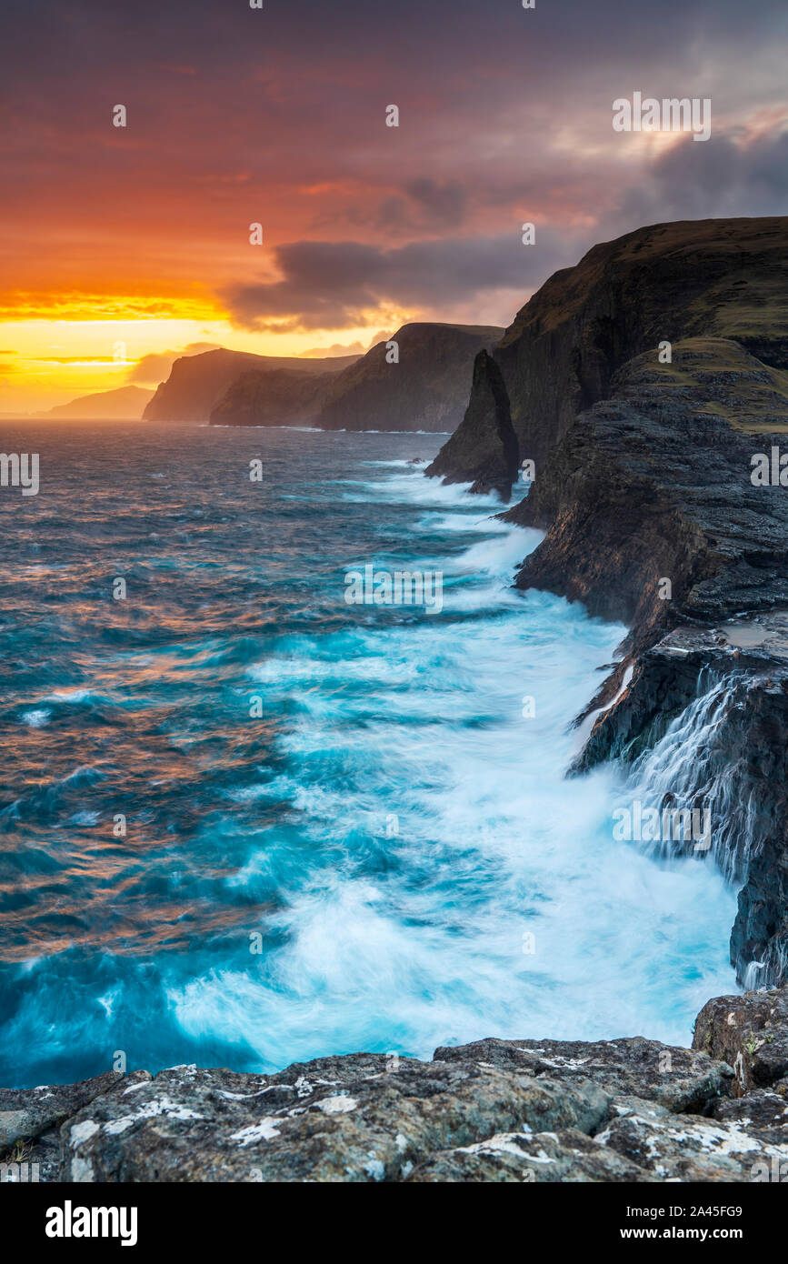 Bøsdalafossur waterfall, Vágar, Faroe Islands, Denmark Stock Photo