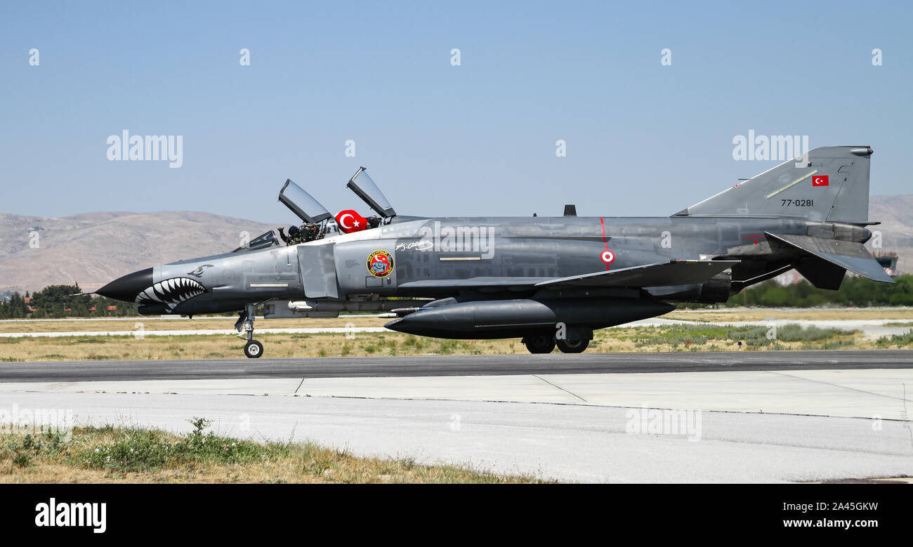 KONYA, TURKEY - JUNE 26, 2019: Turkish Air Force McDonnell Douglas F-4E Phantom II (CN 4989) taxi in Konya Airport during Anatolian Eagle Air Force Ex Stock Photo