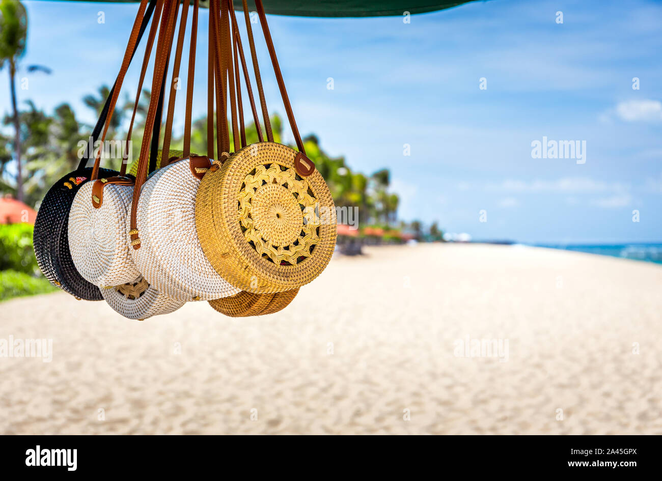 Traditional souvenirs on balinese beach in Indonesia Stock Photo
