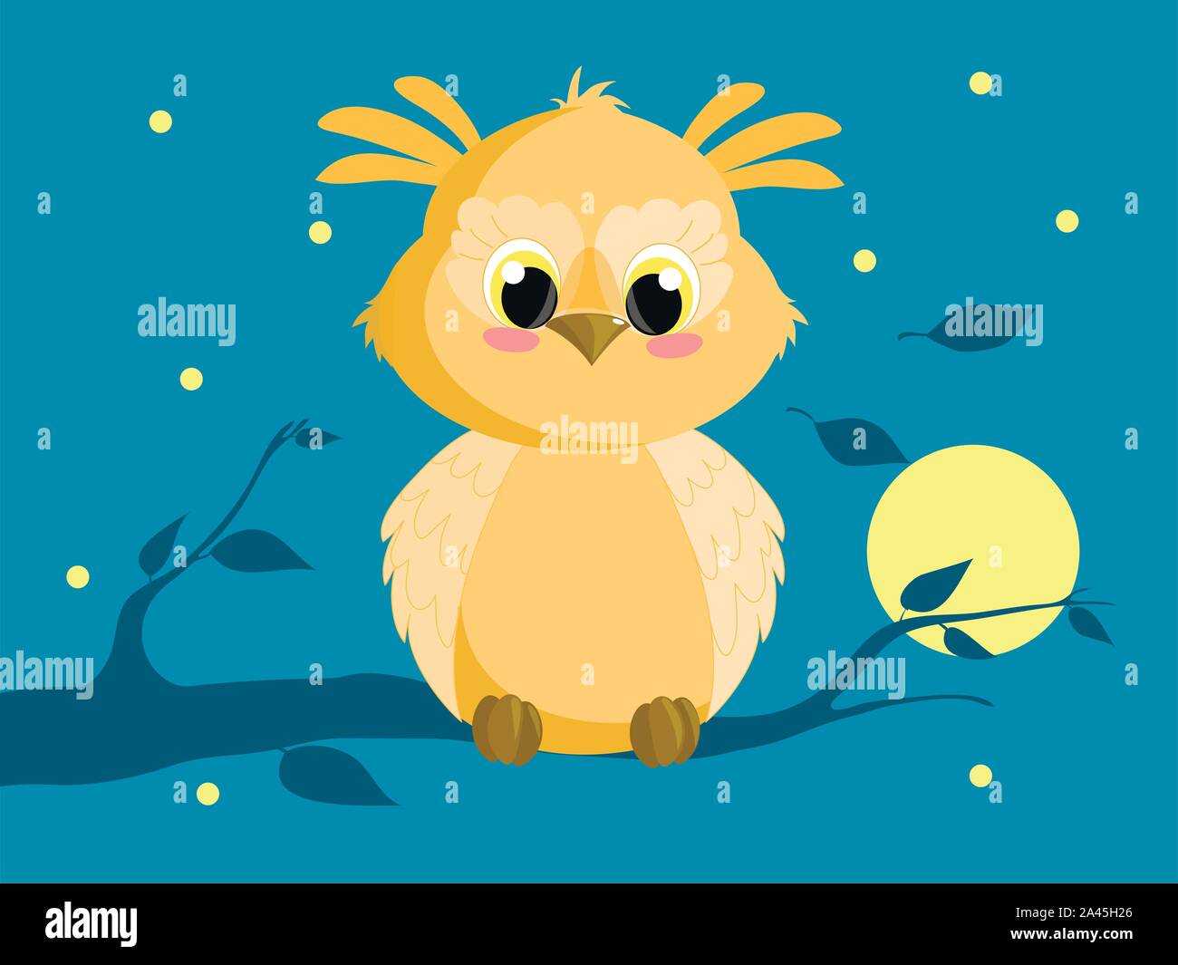 Cute cartoon owl clipart drawing sitting on a branch. Night. Stock Vector