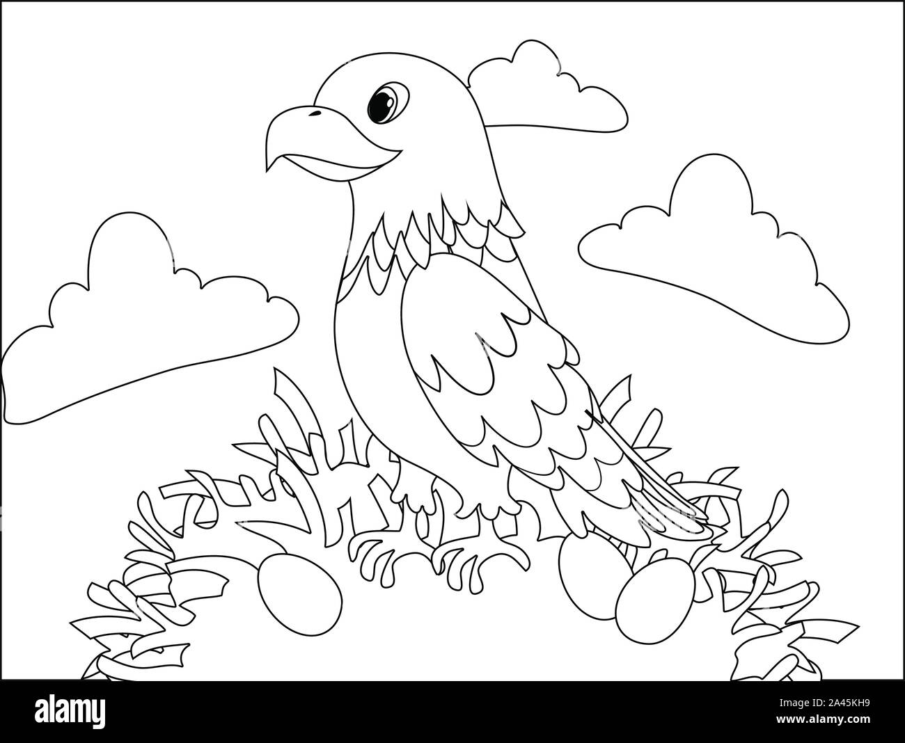 Cute eagle vector clipart coloring page contour background. Stock Vector