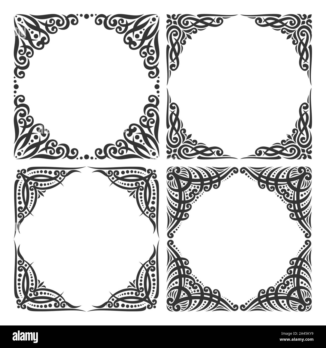 Vector set of decorative black frames on white, ornate decoration with flourishes for wedding invitation, 4 vintage borders with curls and dots, ornam Stock Vector