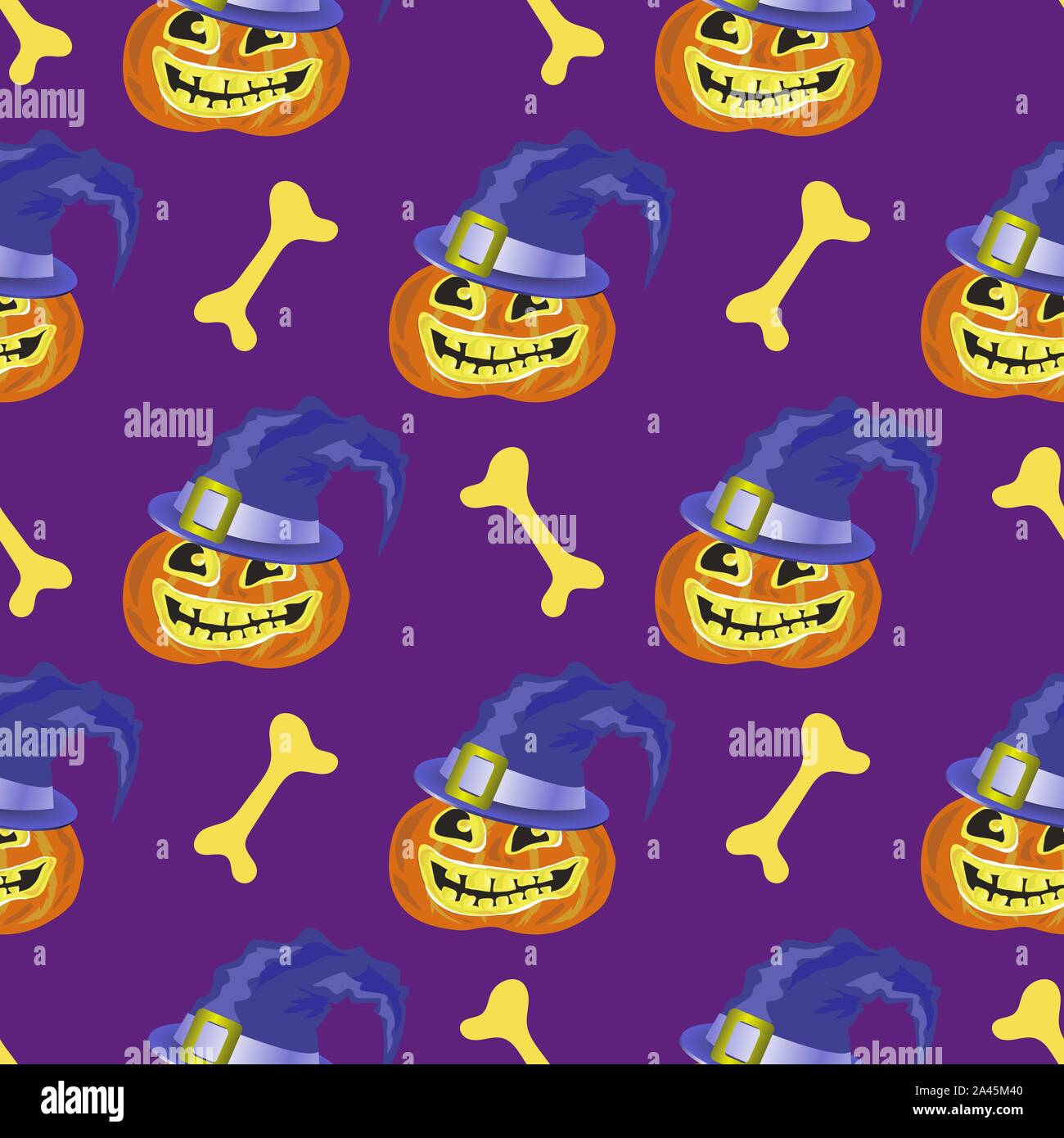 Halloween Decoration Seamless Pattern with Pumpkin and Spider Isolated on Purple Background Stock Vector