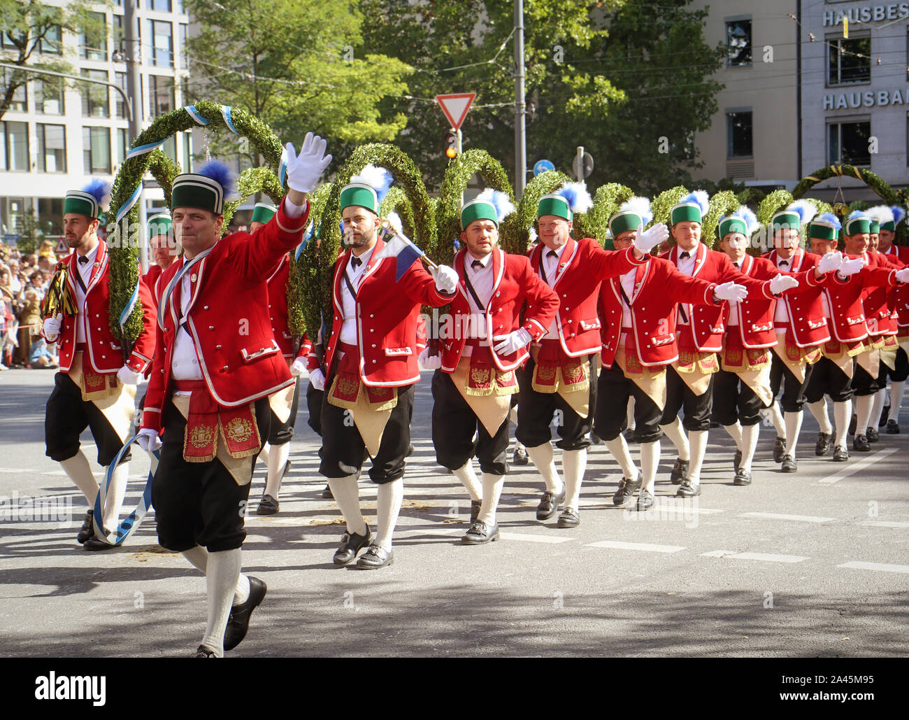 MUNICH, GERMANY - SEPTEMBER 22, 2019 Grand entry of the Oktoberfest landlords and breweries, festive parade of magnificent decorated carriages and ban Stock Photo