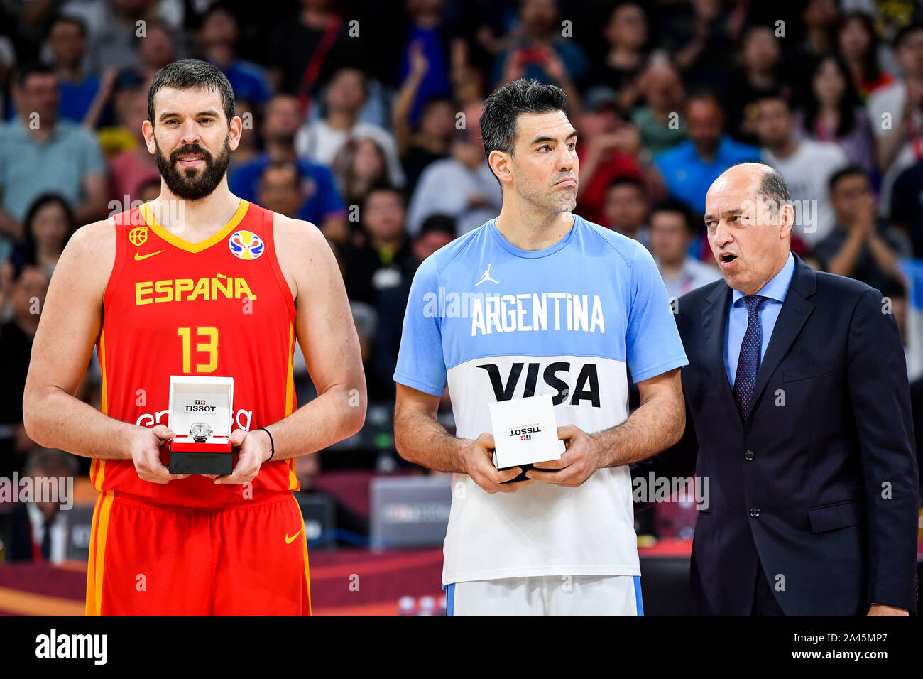Spanish professional basketball player Marc Gasol, left, and Argentina professional basketball player Luis Scola, middle, are announced to be among th Stock Photo