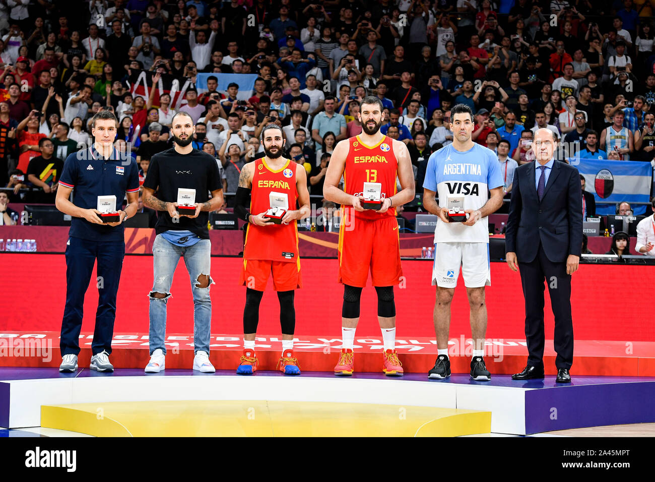 After the final of FIBA World Cup between Spain and Argentina, FIBA announced the All-Star Five, which are respectively, from left to right, Bogdan Bo Stock Photo