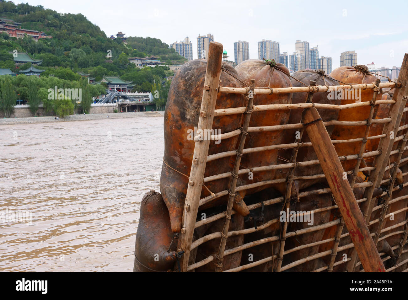 Sheepskin raft by the Yellow River in Lanzhou Gansu China Stock Photo